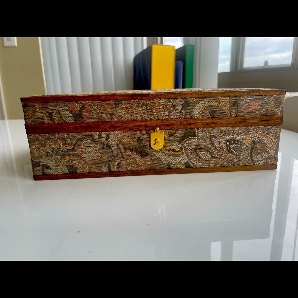 Rare Vintage Mark Cross Wood Fabric Jewelry Box Chest Collectible